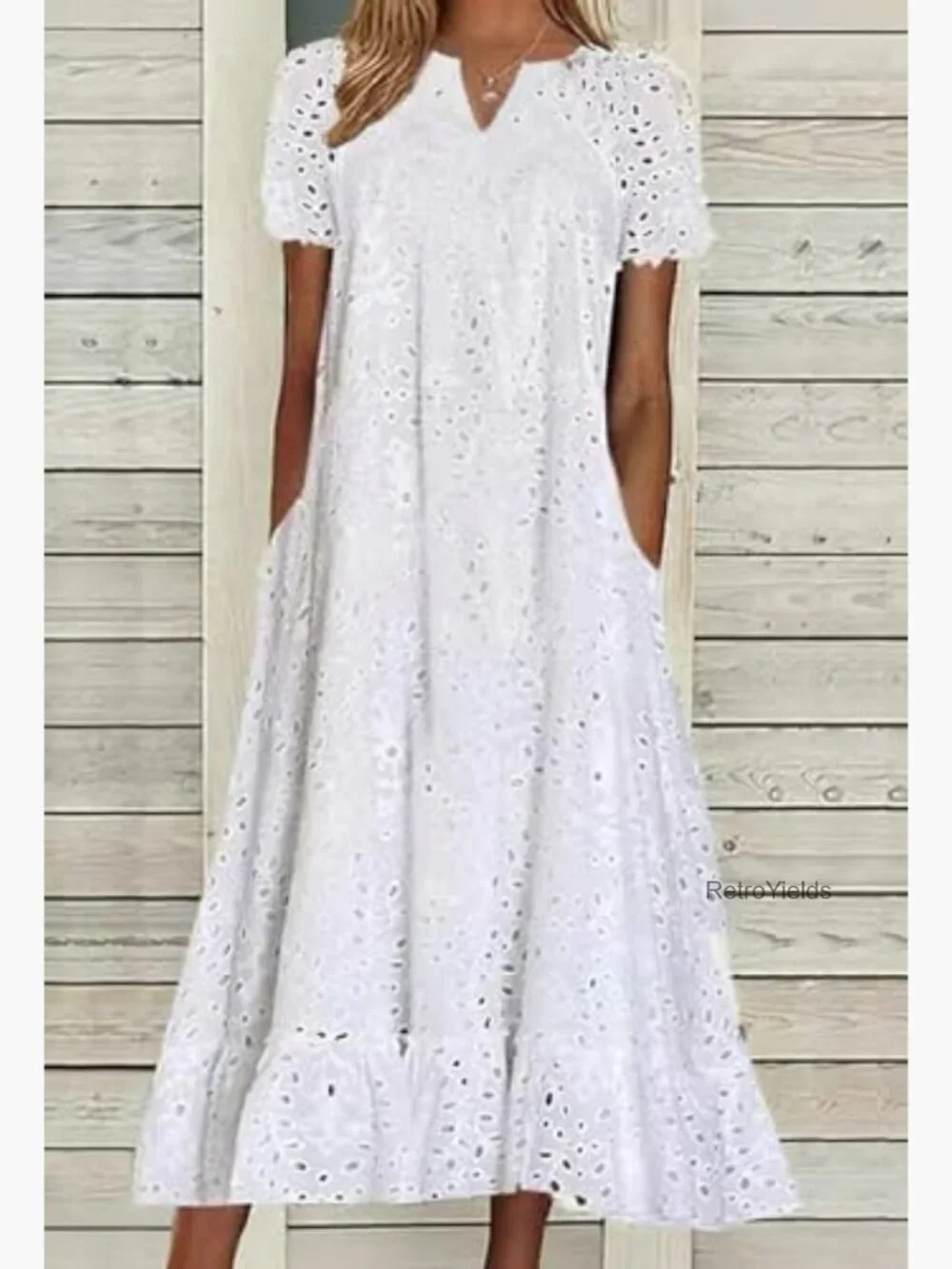 Eyelet Lace Midi Dress with Pockets Ruffled Hem V-Neck Loose Fit - Picture 2 of 3